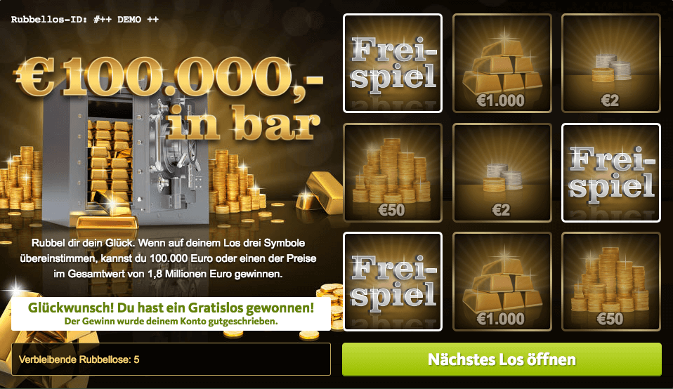 100.000 €,- in bar Rubbellos