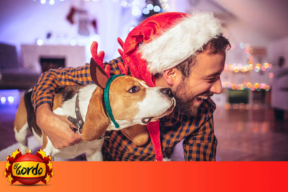 Weihnachtslose im Lottoland Ein Mann mit einem Hund freut sich über ein Weihnachtslos.