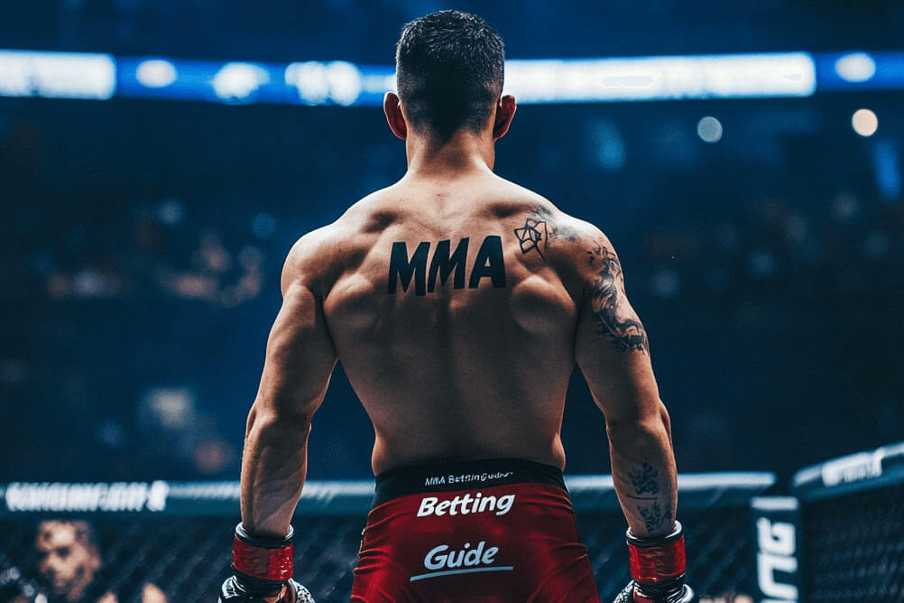 Der Lottoland MMA Wettguide Ein muskulöser MMA-Kämpfer steht im Käfig, dem Publikum zugewandt, mit „MMA“-Tattoo auf dem Rücken und Betting Guide Logo auf seiner Shorts.