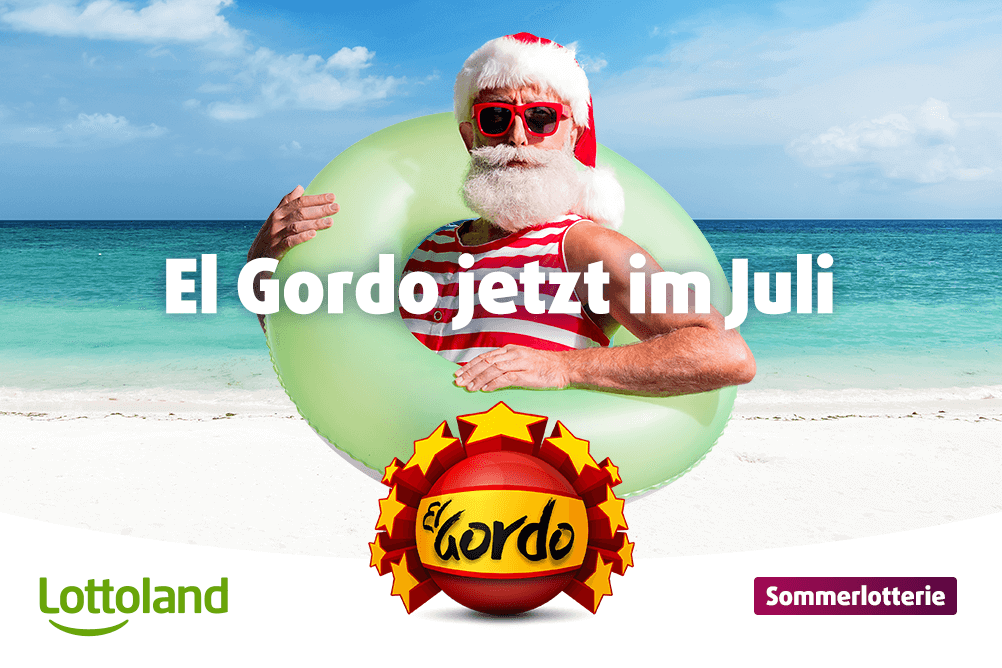 El Gordo Sommerlotterie Bild zeigt einen Weihnachtsmann mit Badering und Badekleidung am Strand und die El Gordo Lottoland Sommerlotterie Logos