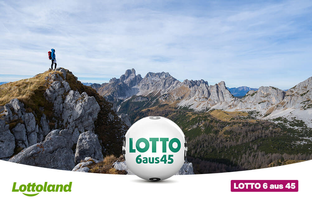 LOTTO 6 aus 45 auf einen Blick im Lottoland Guide Bild zeigt einen Wanderer auf einem Felsgrat vor weitem Alpenpanorama und blauem Himmel; unten im Bild eine „LOTTO 6 aus 45“ Kugel, dazu Lottoland-Logo.