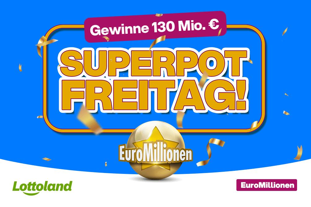 EuroMillionen Super-Jackpot Freitag – 130 Mio. € im Lottoland Ein blaues Bild zeigt goldene Konfetti-Deko: großer gelber Schriftzug „SUPER-JACKPOT FREITAG!“, darüber ein pinkes Banner „Gewinne 130 Mio. €“. Unten das EuroMillionen-Logo auf goldener Kugel, links das Lottoland-Logo, rechts ein EuroMillionen-Schriftzug.
