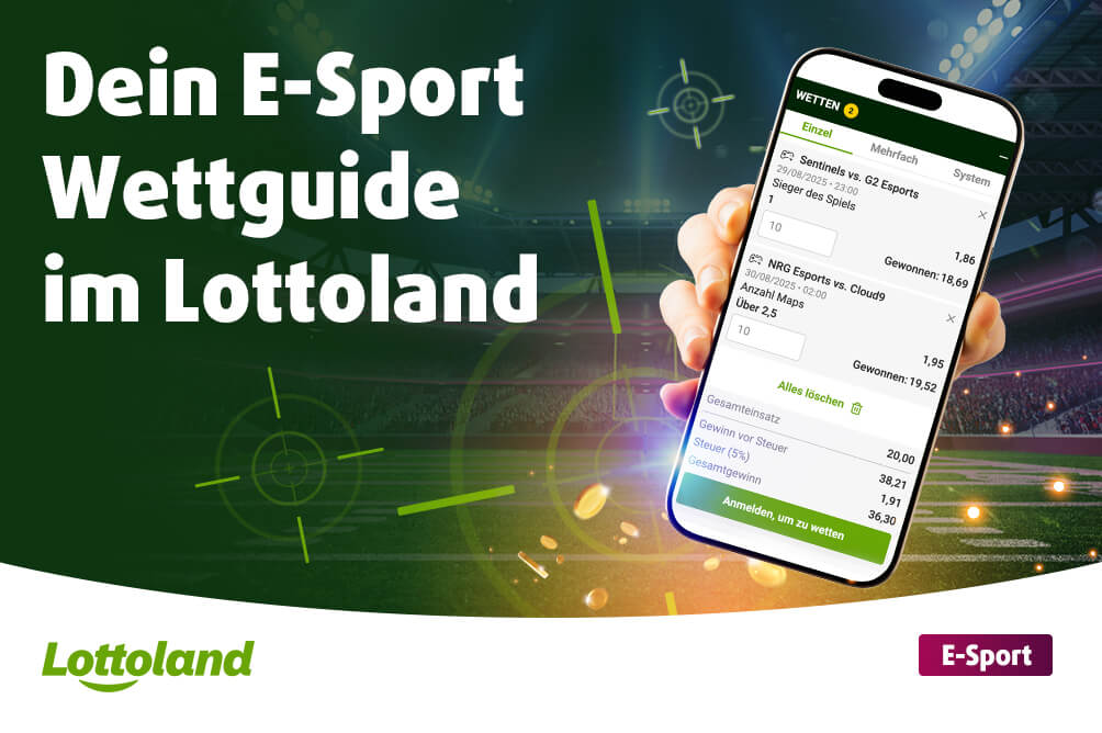 Der Lottoland Wettguide zu den beliebtesten E-Sportarten Das Bild zeigt das Titelbild für den E-Sport-Wettguide Artikel mit der Überschrift „Dein E-Sport Wettguide im Lottoland“ auf grünem Hintergrund, einem Smartphone in einer Hand mit geöffnetem Wettschein zu E-Sport-Matches und Quoten, einem leuchtenden Stadion im Hintergrund mit digitalen Fadenkreuz-Grafiken sowie dem Lottoland-Logo und einem violetten Button mit der Aufschrift „E-Sport“.