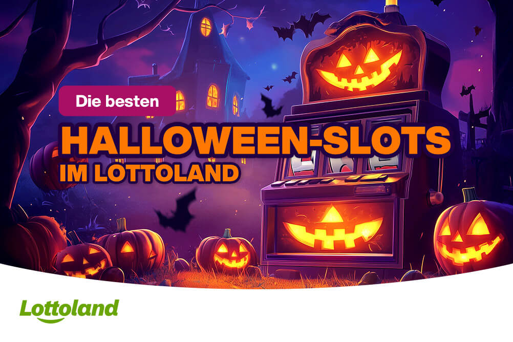 Die besten Halloween-Slots im Lottoland Bild zeigt Kürbis Slotautomat mit gruseligem Hintergrund mit der Überschrift Die besten Halloween Slots im Lottoland
