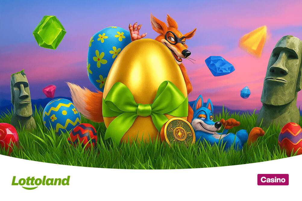 Ein goldenenes Osterei, ein lachender Fuchs, Osterdeko und Edelsteine für die besten Oster-Slots im Lottoland. 