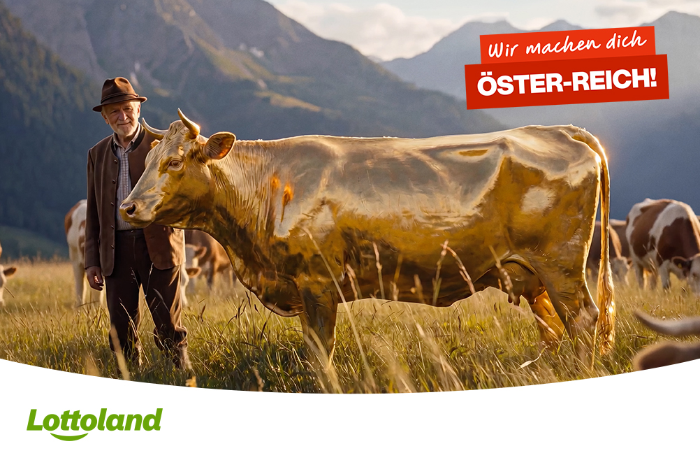 Bild zeigt Bauer mit einer goldenen Kuh auf seiner Alm
